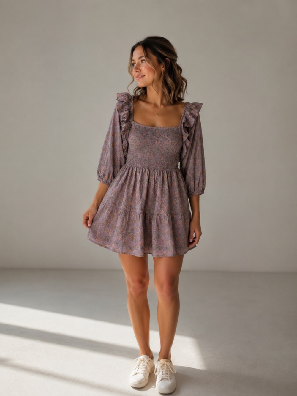Victoria Dunn Smocked Ruffle Shoulder Mini Dress Sz Small - Floral Mauve COTTON
